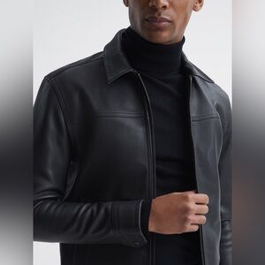 Reiss Roland Zip Through Leather Jacket in Black, medium